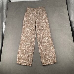 Womens Brown White Tropical Leaf Print Wide Leg High Waist Pants Side Pockets